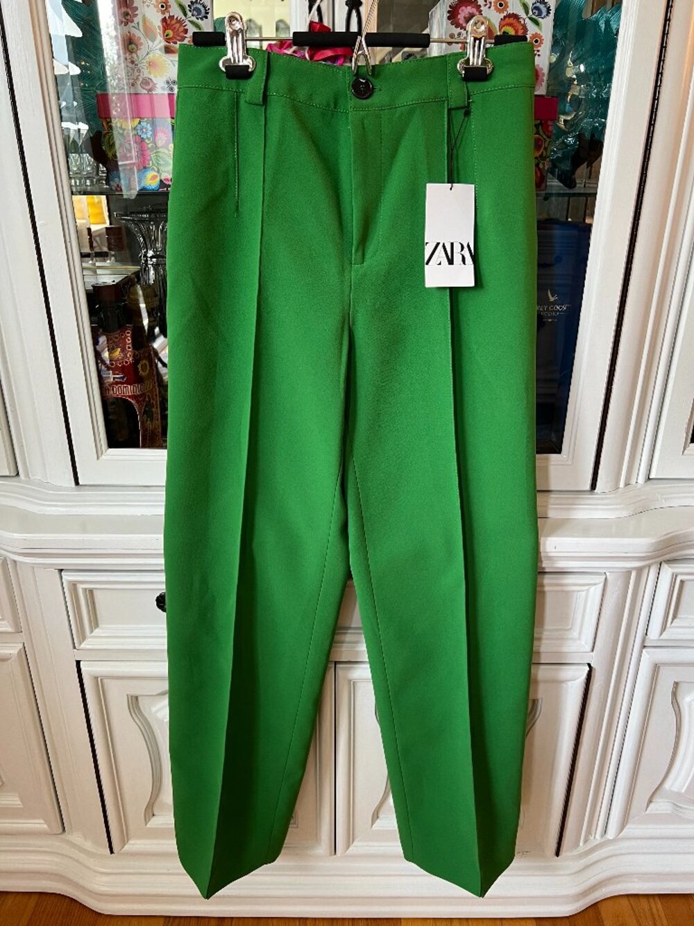 Zara Crepe-like Fabric Bright Green Trousers with Front Seams M